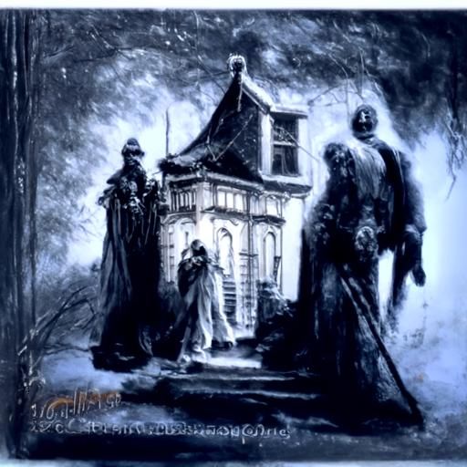 Victorian Haunted House with Ghost in Gothic Horror Style