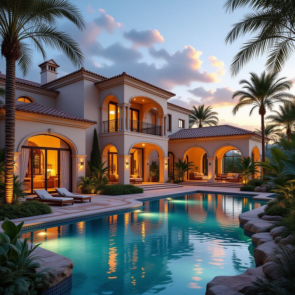 Exotic Spanish Villa Resort: Exterior & Interior in Golden L...