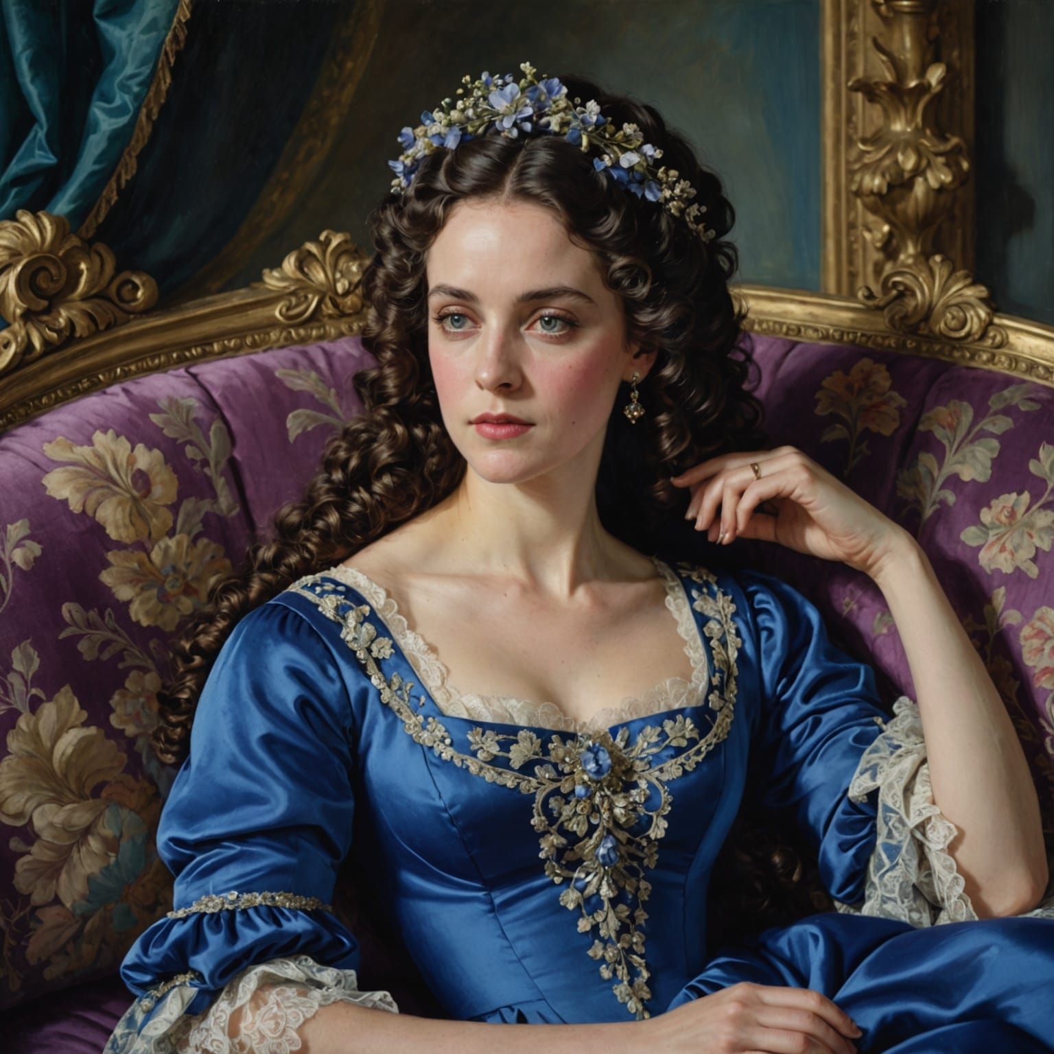 A portrait of a woman reclining on a settee.  She gazes into...