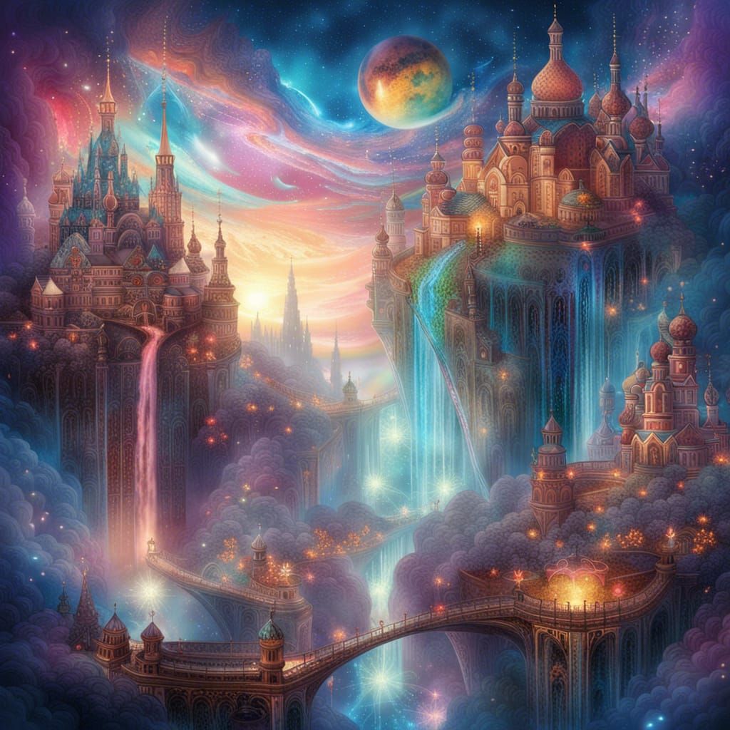 Flying Russian Waterfall City in Psychedelic Sky