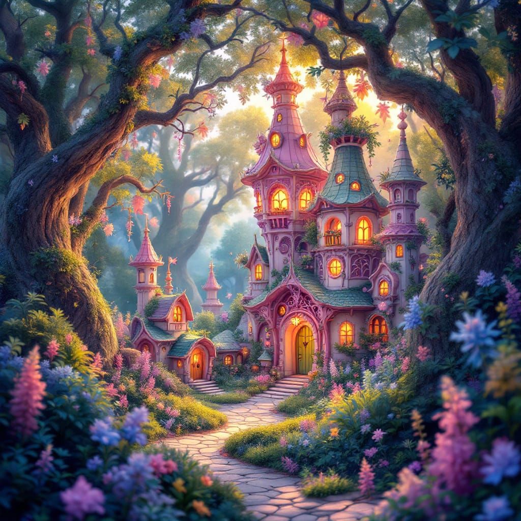 Whimsical Fairy Village in Pastel Oil Painting Style