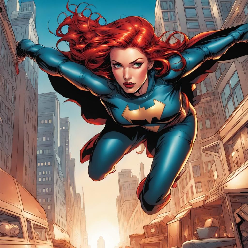 Red-Haired Heroine Flies Through City, Comic Book Art