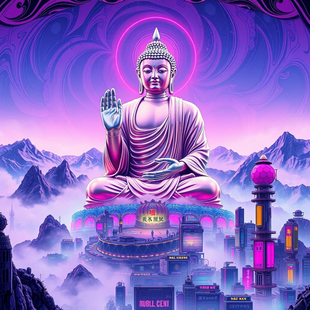 Cyberpunk Buddha Statue Surrounded by Futuristic Cityscape i...