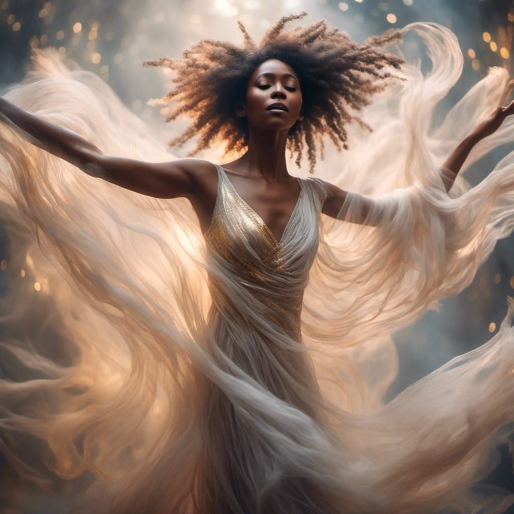 A spectral woman, formed from mist, dances with abandon.