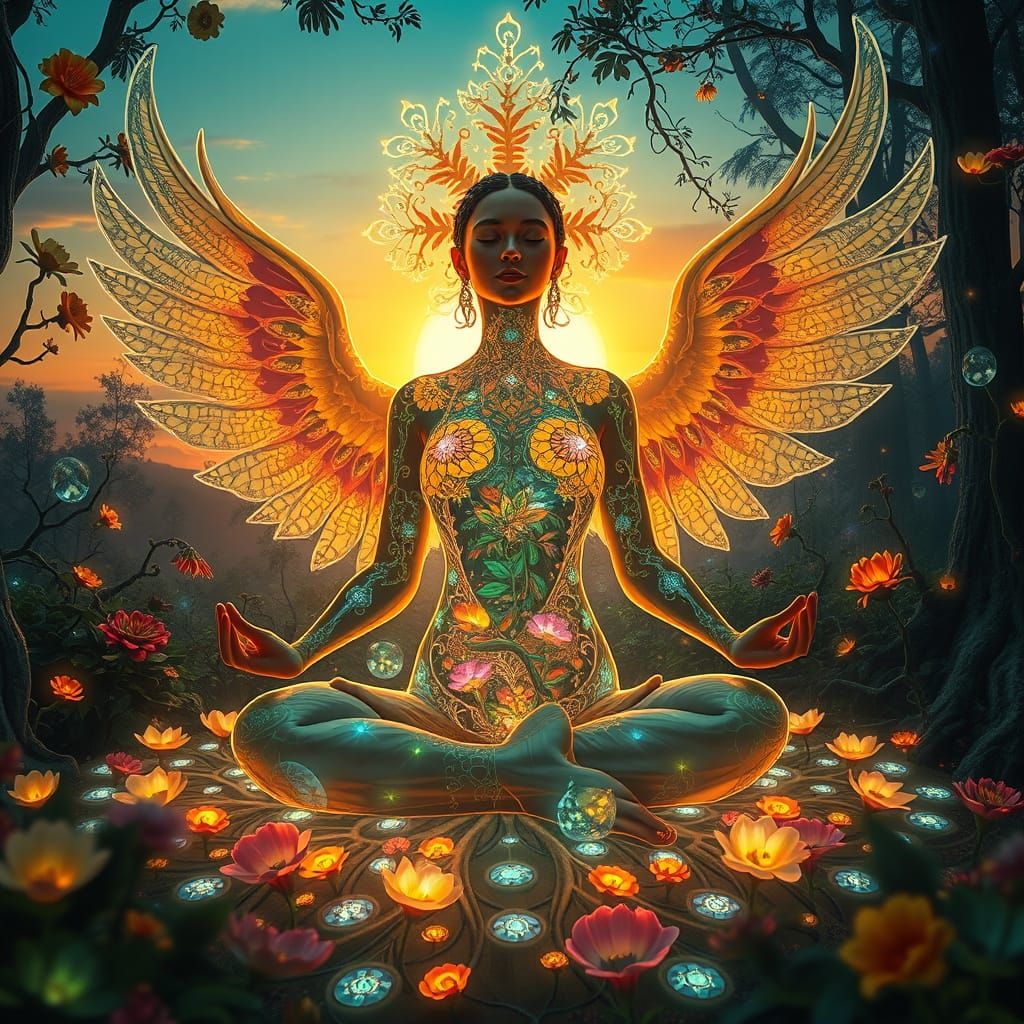 Mystical Woman Meditating in Labyrinth of Light