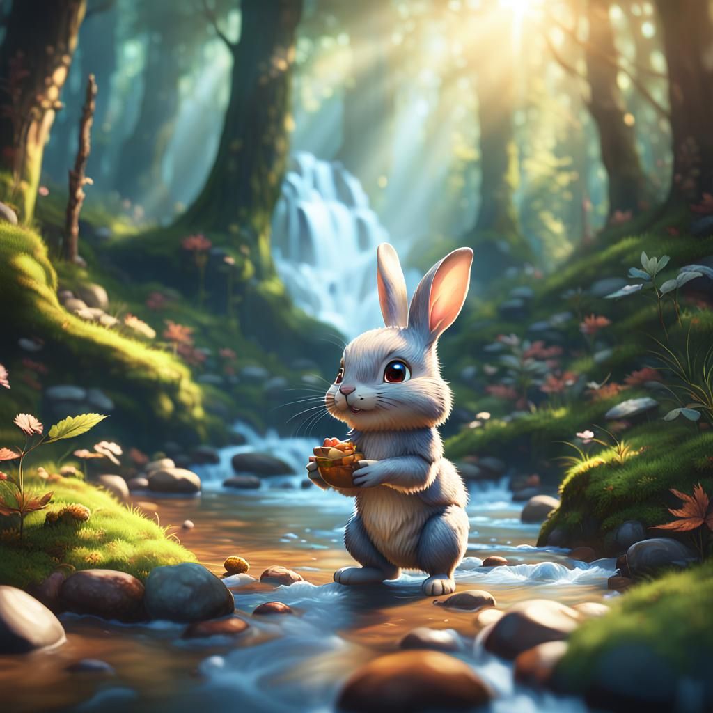 Chibi Rabbit Gathering Nuts in Sunlit Forest