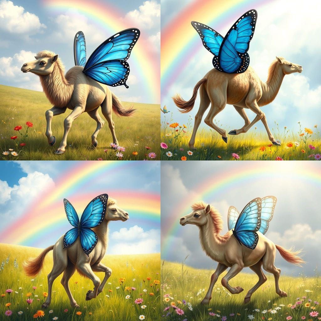 Fairy Camel Gallops Under Rainbow in Vibrant Meadow Scene