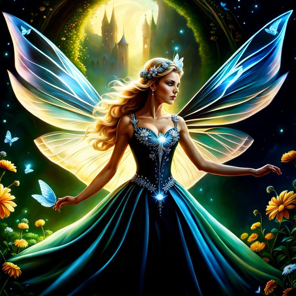 An oil painting of a flying Fairy wearing a diamond tuxedo, ...