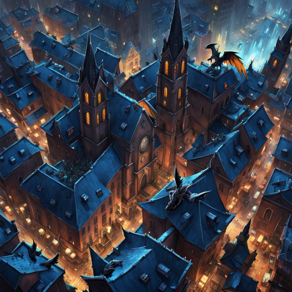 Anime Cyberpunk Cityscape with Gargoyles at Night