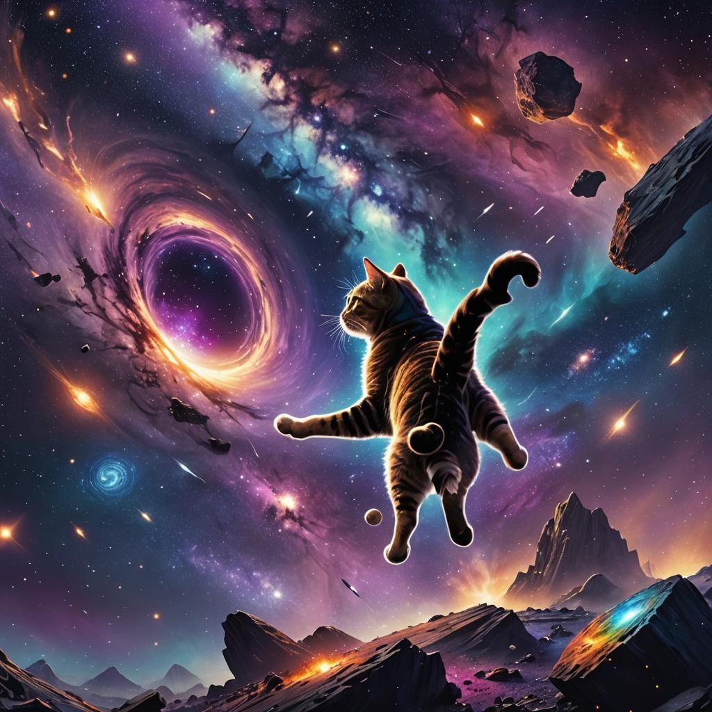 Cat Approaching Black Hole in Star-Filled Galaxy