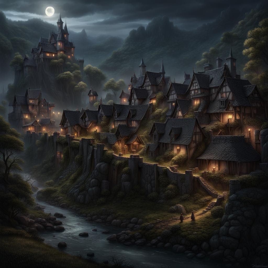 Dark Fantasy Hamlet Beneath Haunted Castle