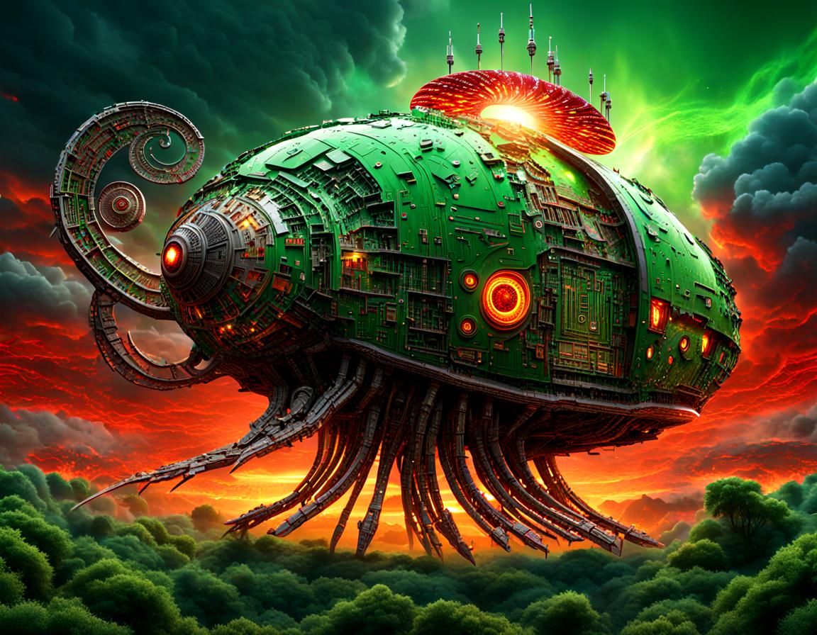 Circuit Board Nautilus Spaceship in Electric Sea