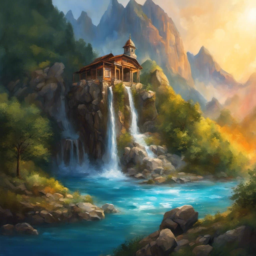 Hyperrealistic Mountain Landscape with Hermitage and Waterfa...