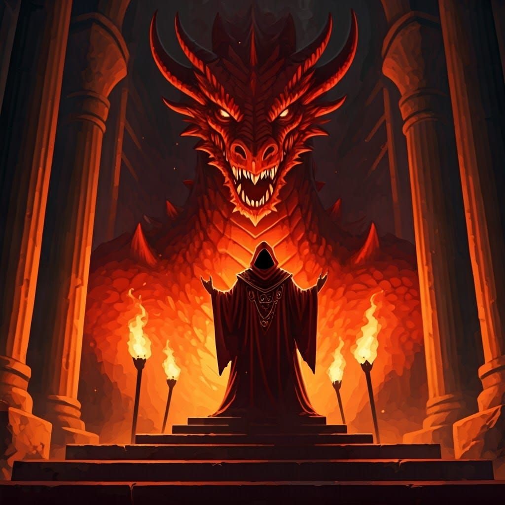 Cultist Worships Red Dragon God in Dark Temple