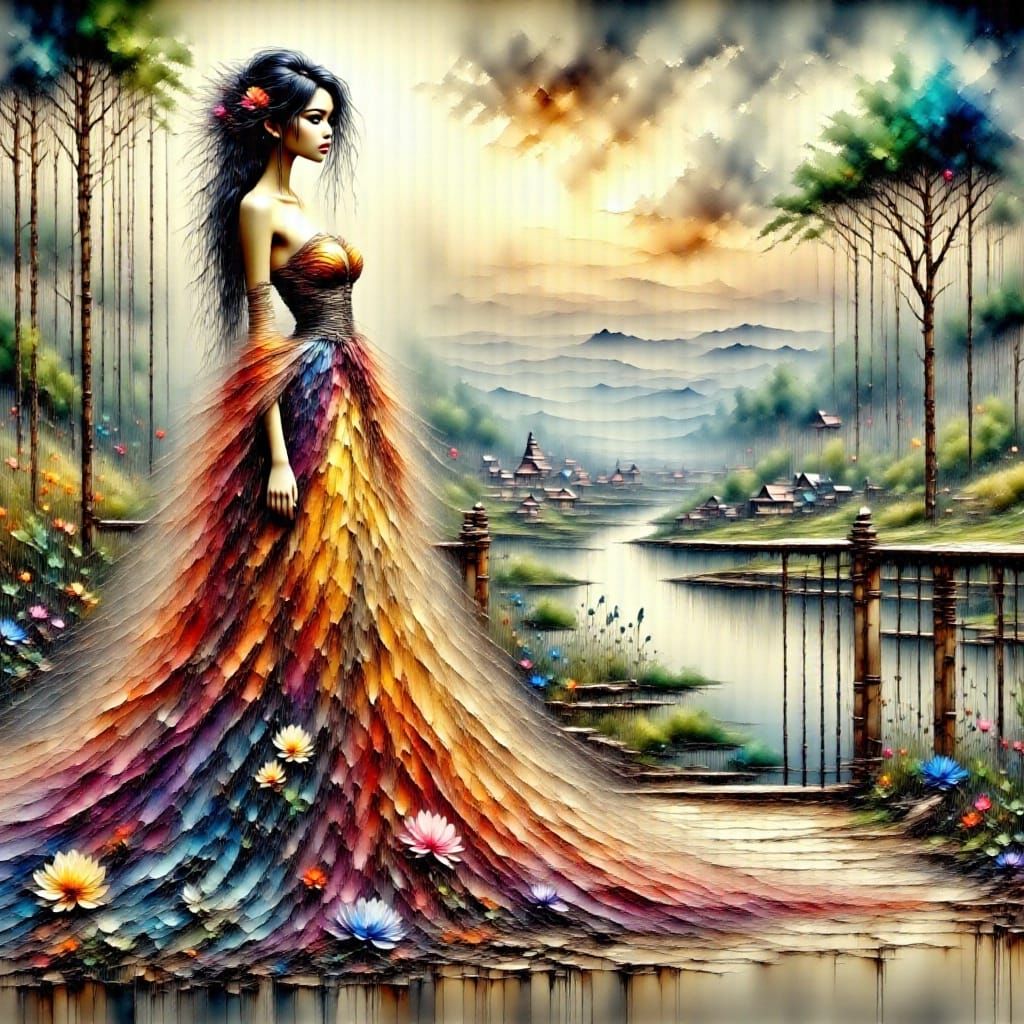 Elegant Asian Woman in Futuristic Cityscape