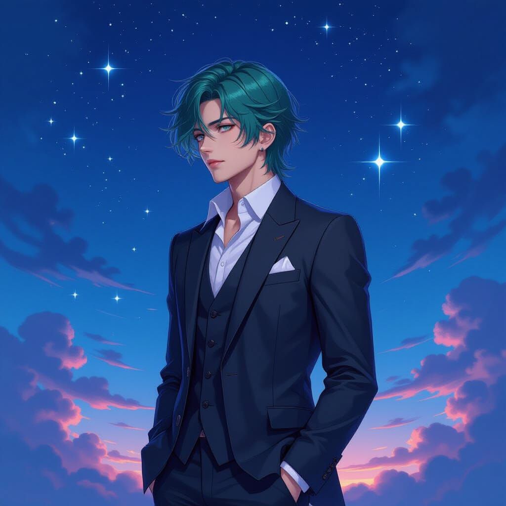 Anime-Inspired Portrait of a Green-Haired Man in Starlight