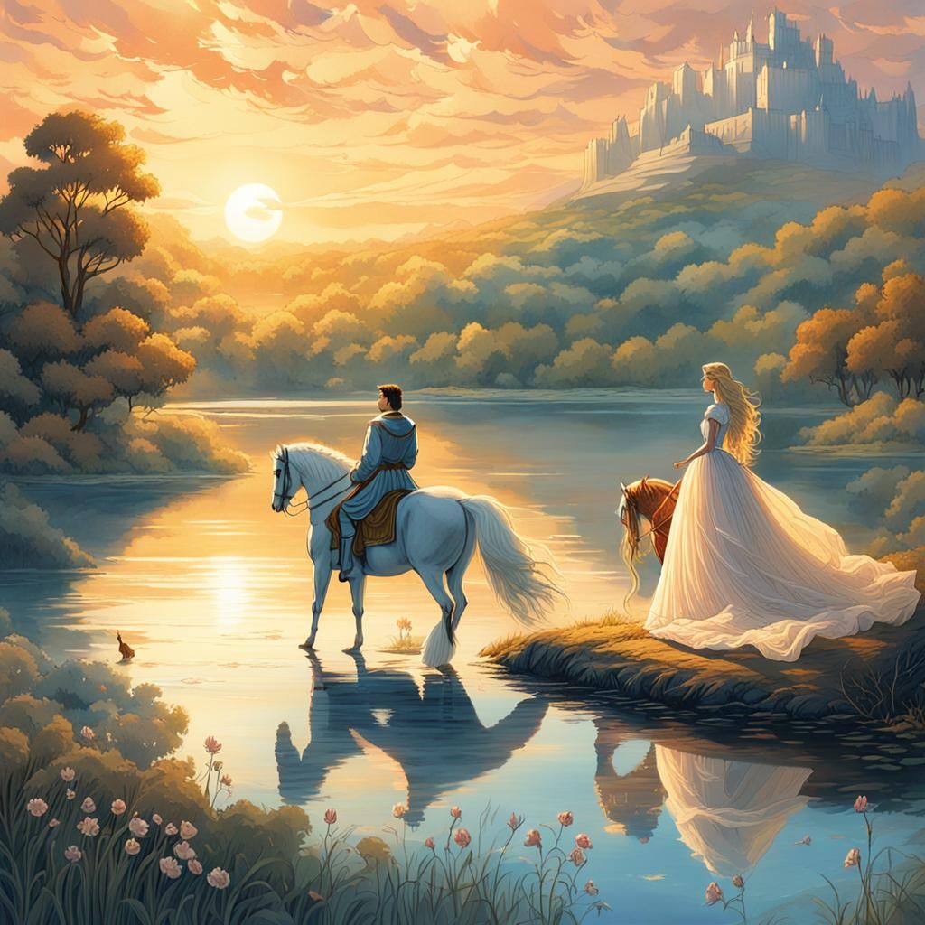 Fairytale Princess and Prince Illustration in Romantic Style