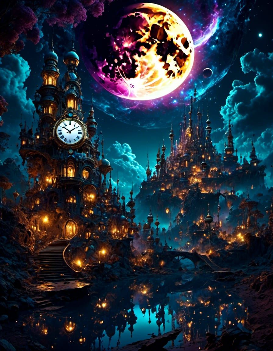 Moon Over Magic Clock Town in Detailed Fantasy Art