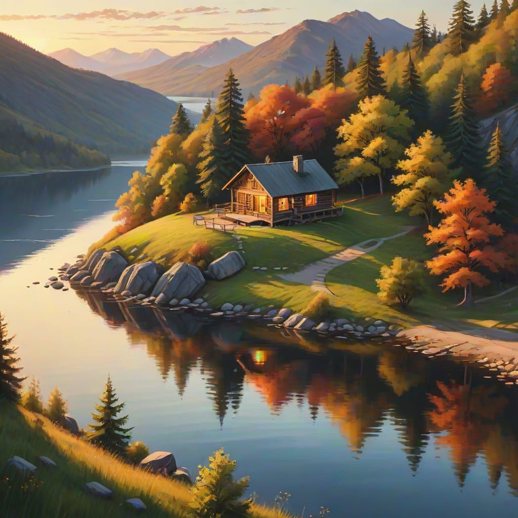 Cabin Overlooking Lake at Sunset as Digital Art