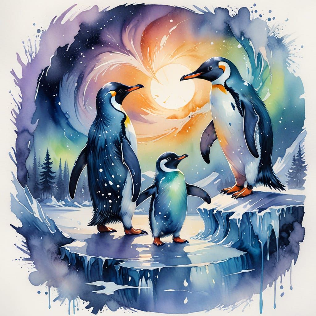 Penguin Siblings Ice-Skating Under Indigo Aurora