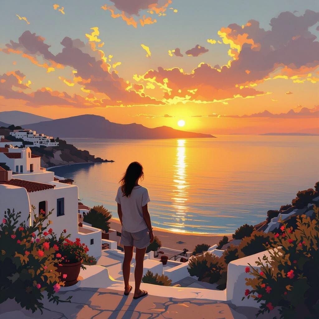 Greek Sunset Rooftop View as Digital Painting