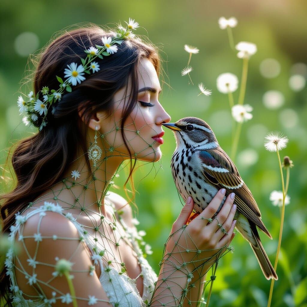 String Woman Kissing Bird: Ethereal Eco-Art Portrait