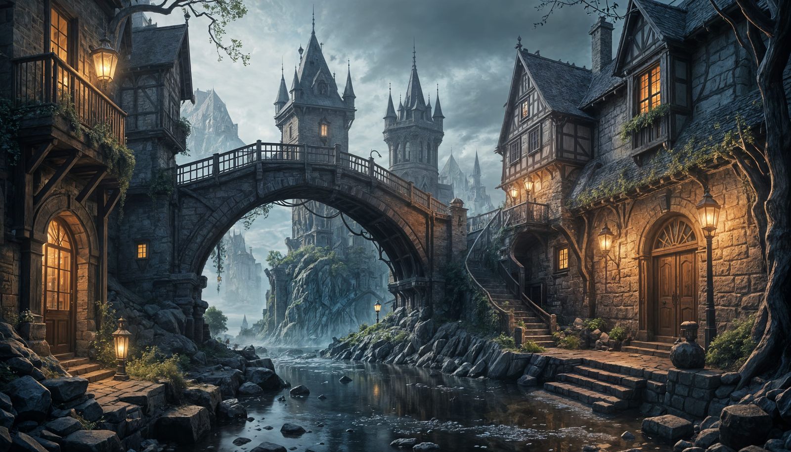 Wizard's Tower in a Fantastical Half-Timbered Village