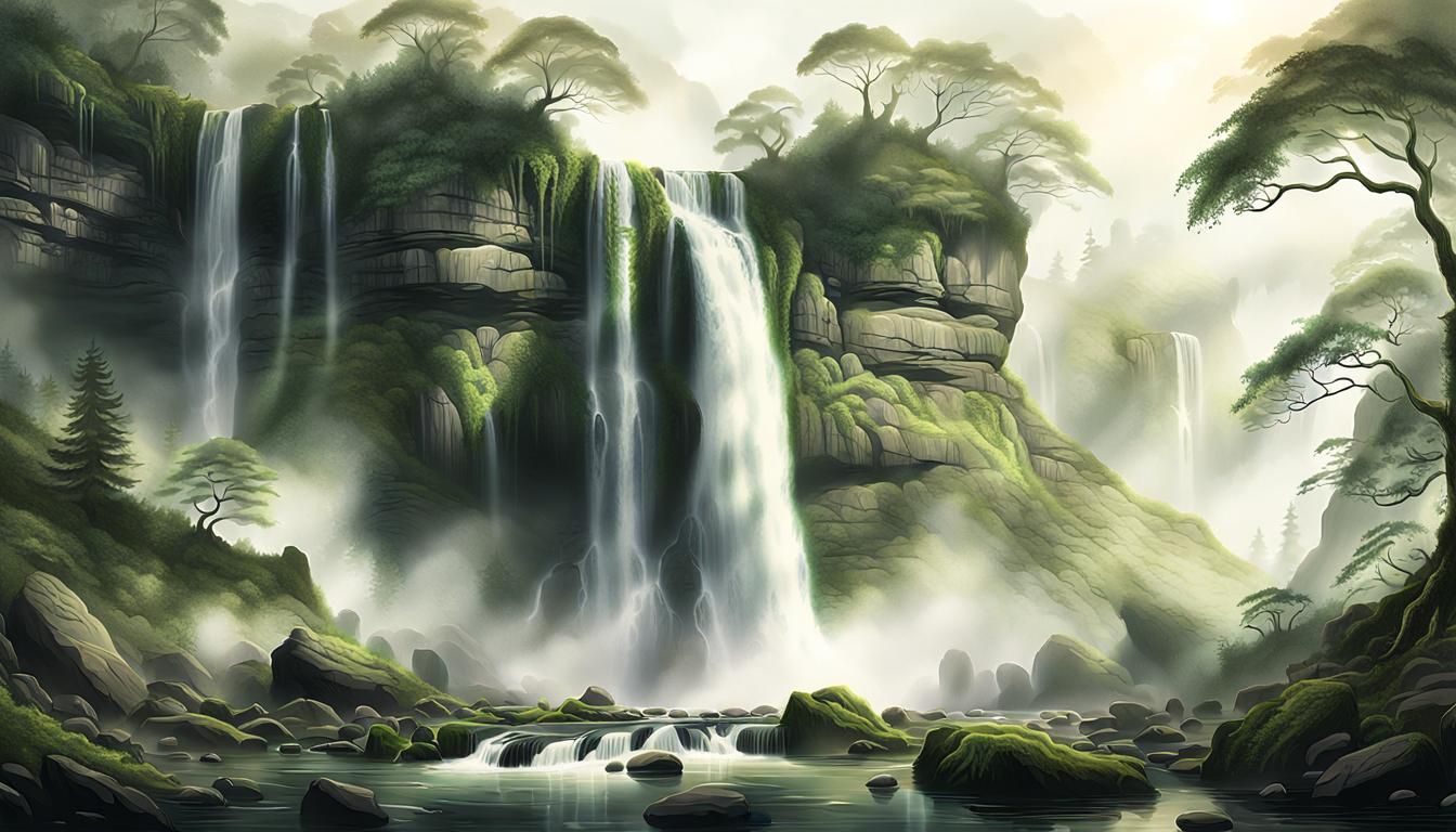 Mystical Waterfall Disappearing into Mist: Pencil Art