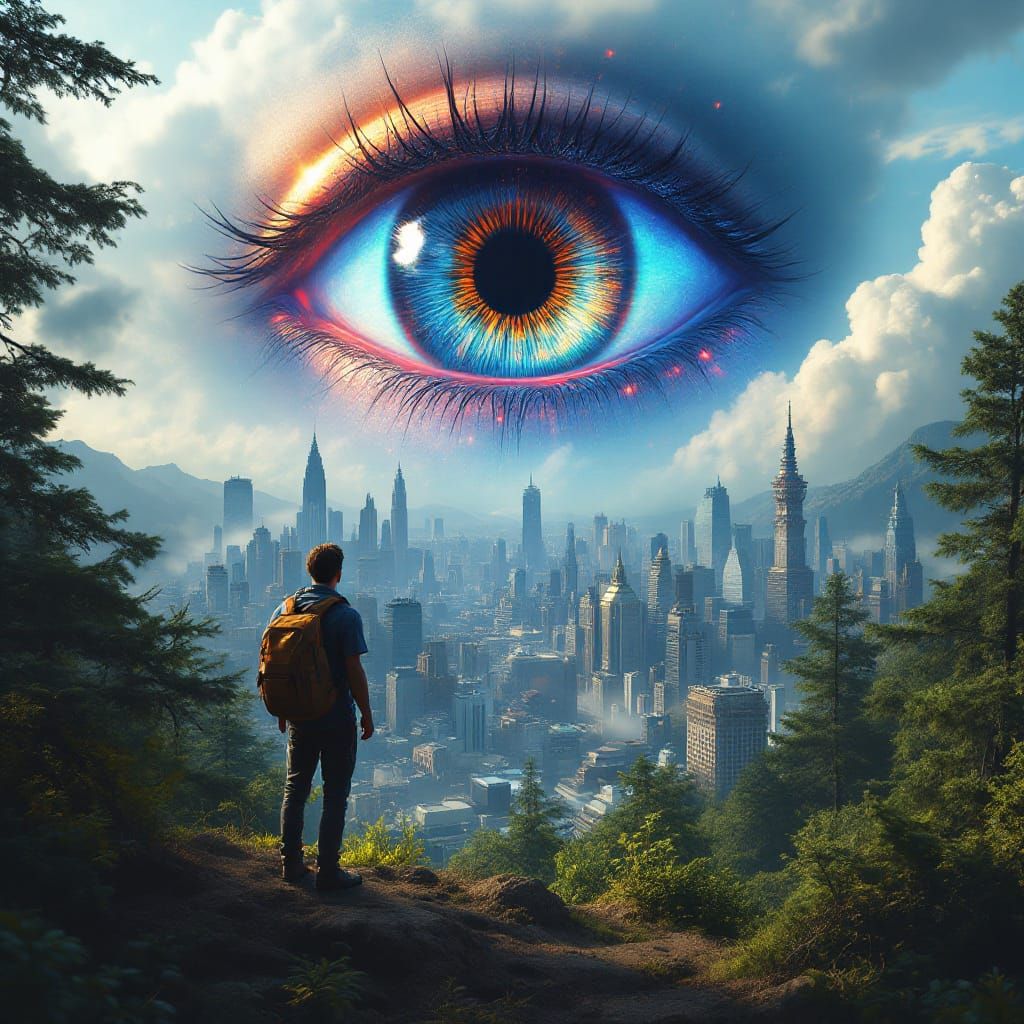 Backpacker Overlooking Futuristic City with Surreal Eye