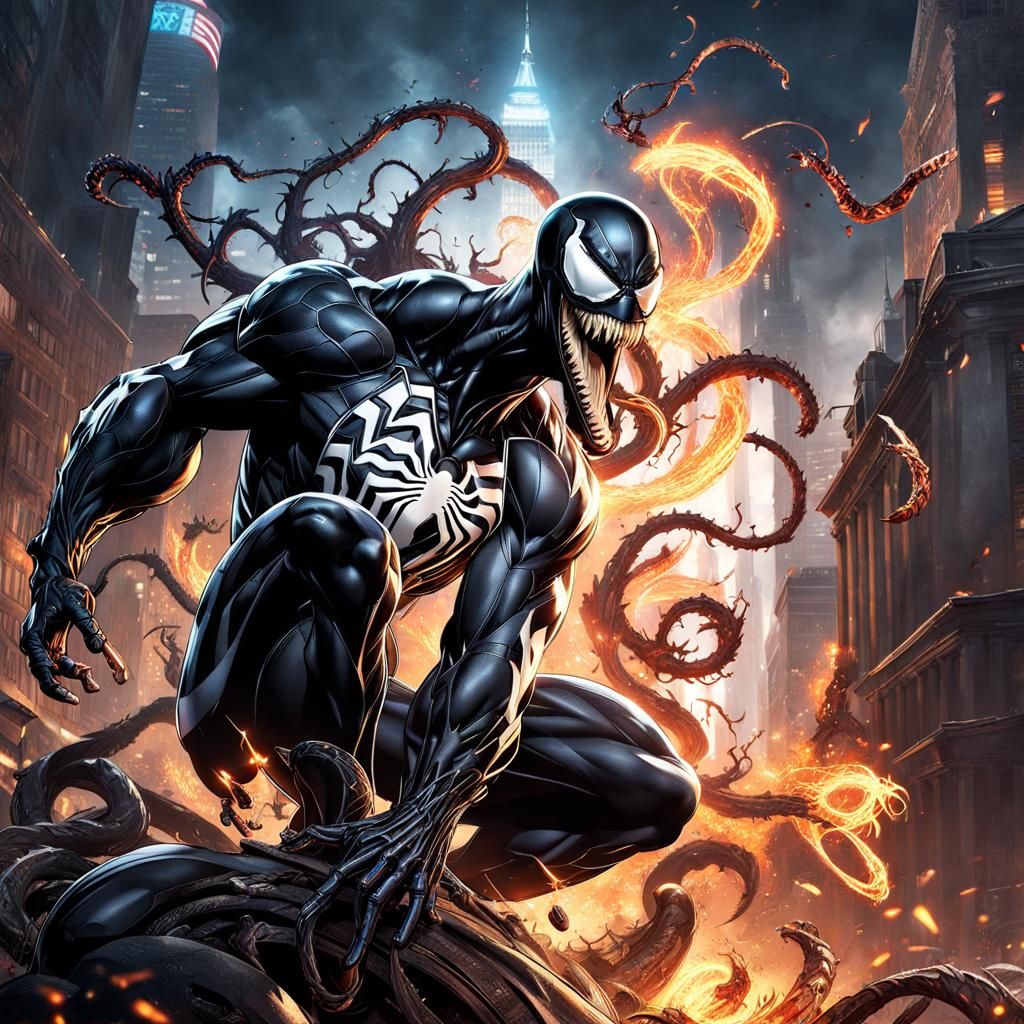 venom, intricate_details. Elaborate background. Perfect_composition. Dynamic pose. Action_scene. High contrast. 32k reso...