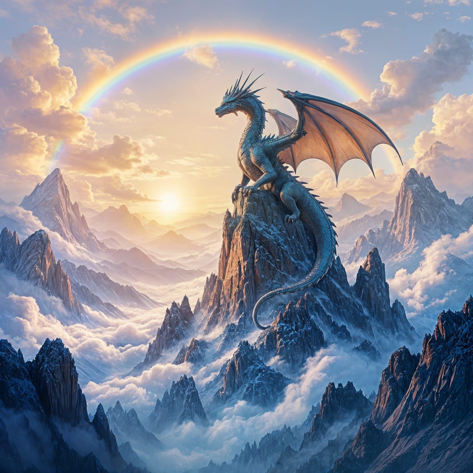 Ancient Dragon on Crystal Peak in Watercolor Fantasy Art Sty...