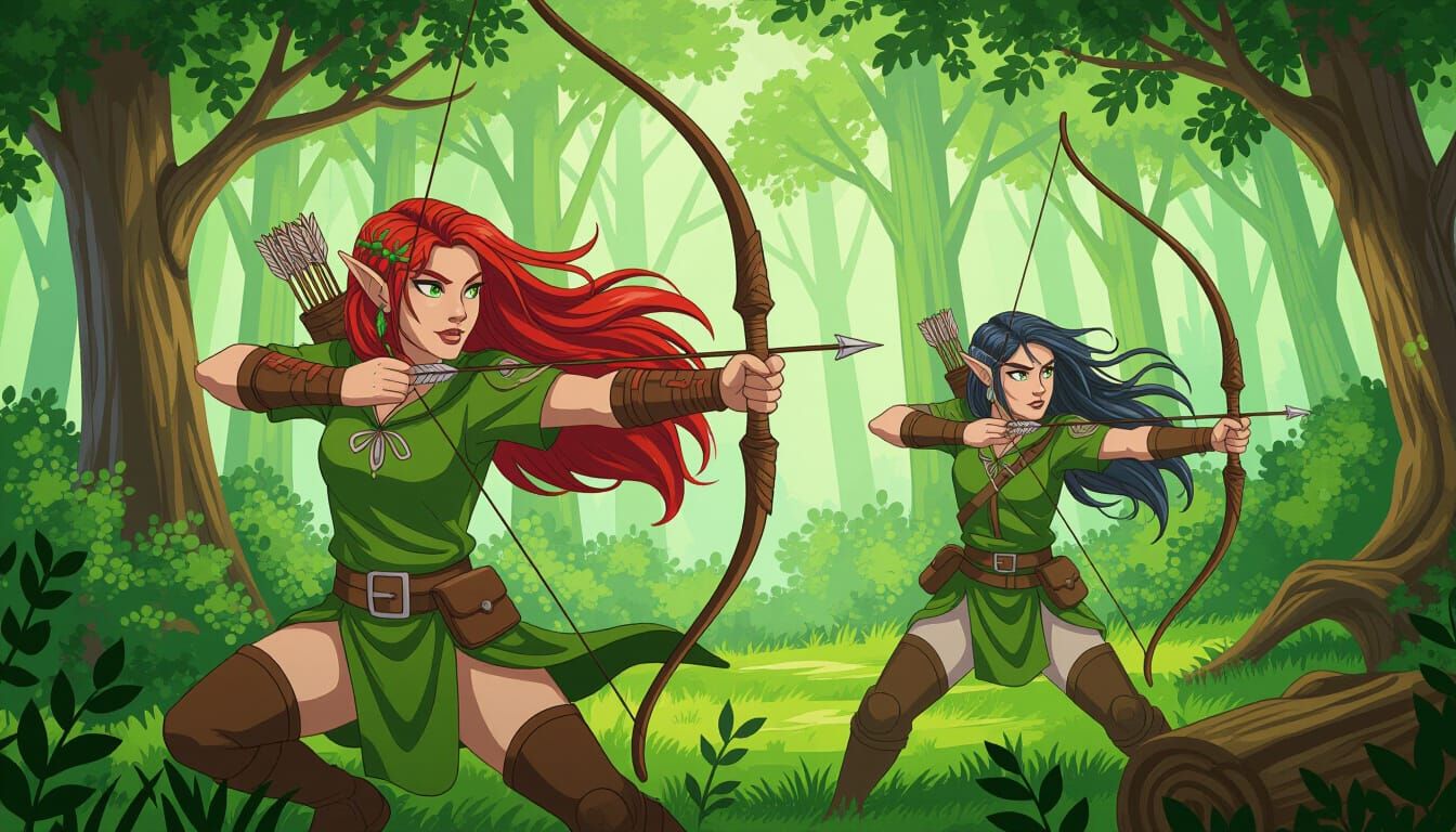 Wild Elves Hunting in Forest, Manga Art Style