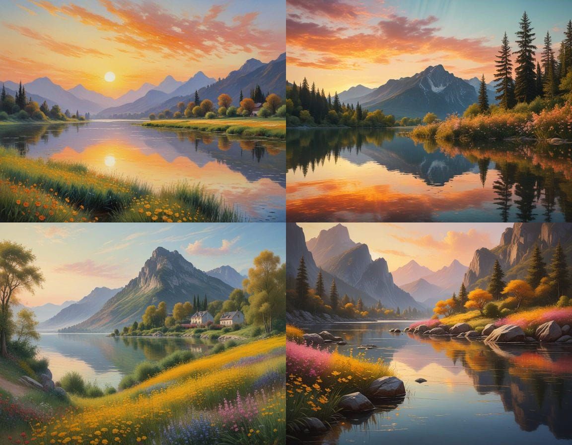 Vibrant Landscape Painting with Warm Colors and Majestic Mou...