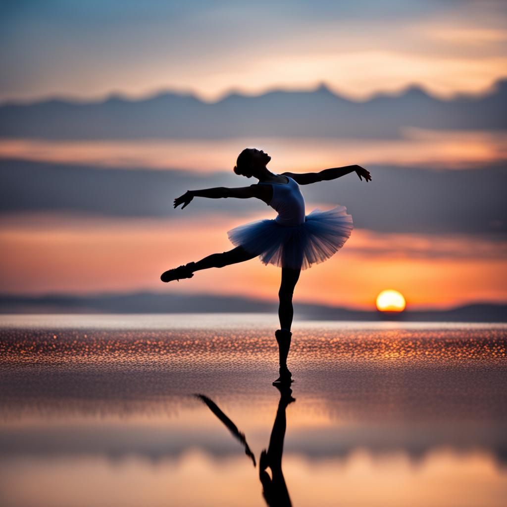 Ballerina Silhouetted in Arabesque at Sunrise