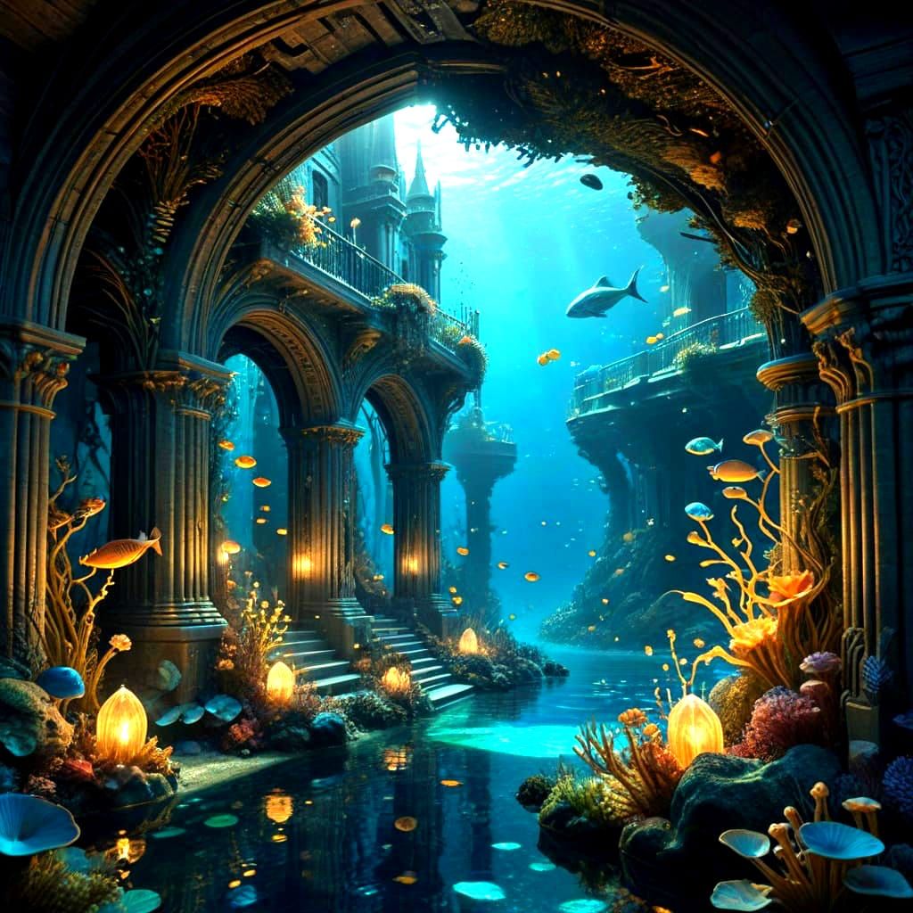 Mystical Underwater City with Merfolk and Crystals