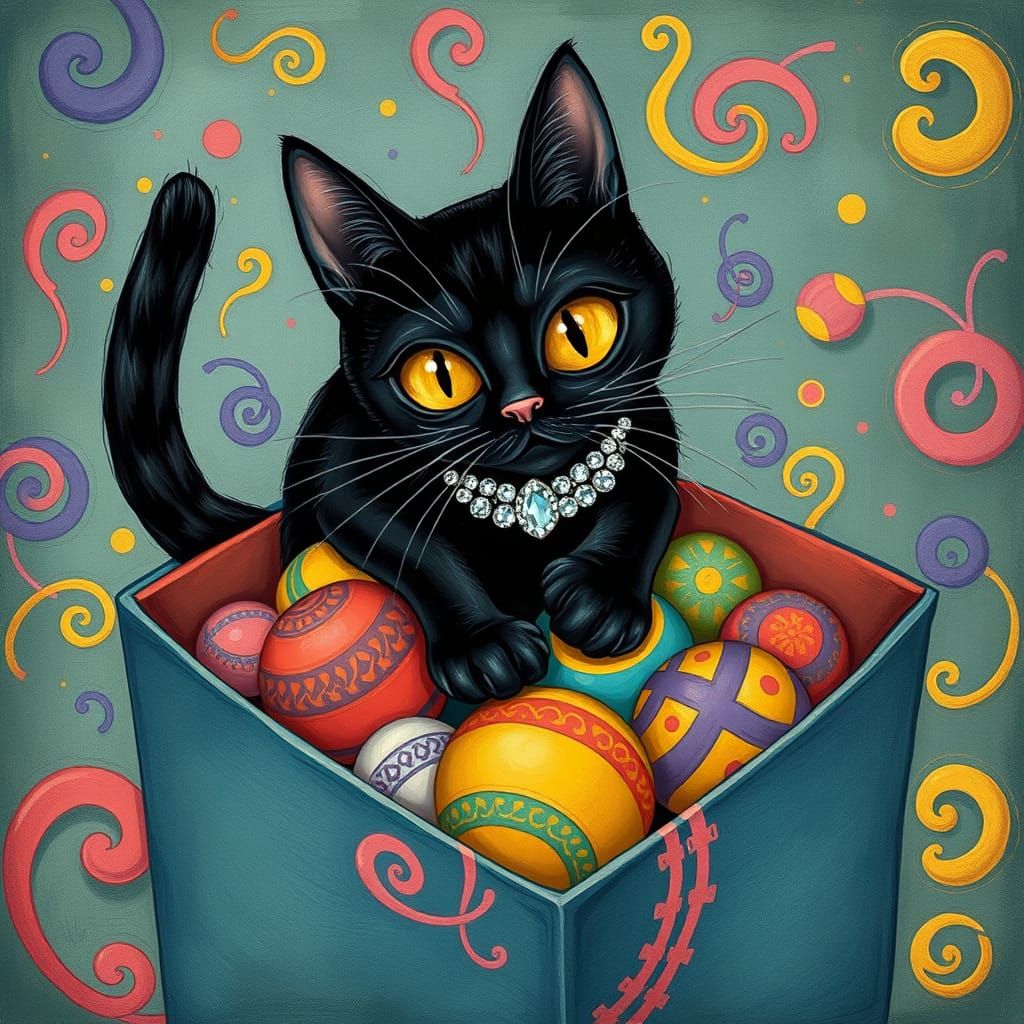 Playful Black Cat in a Box, Whimsical Art