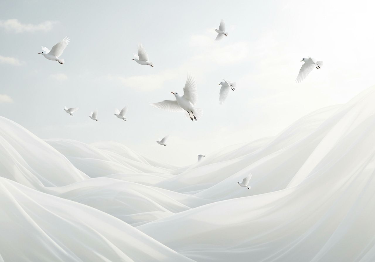 Ethereal White Birds in Surreal Fabric Landscape
