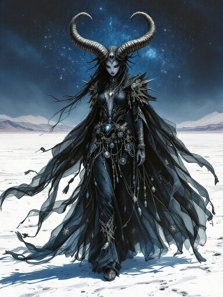 Dark Enchantress Strolls Through the Salt Flat Desert