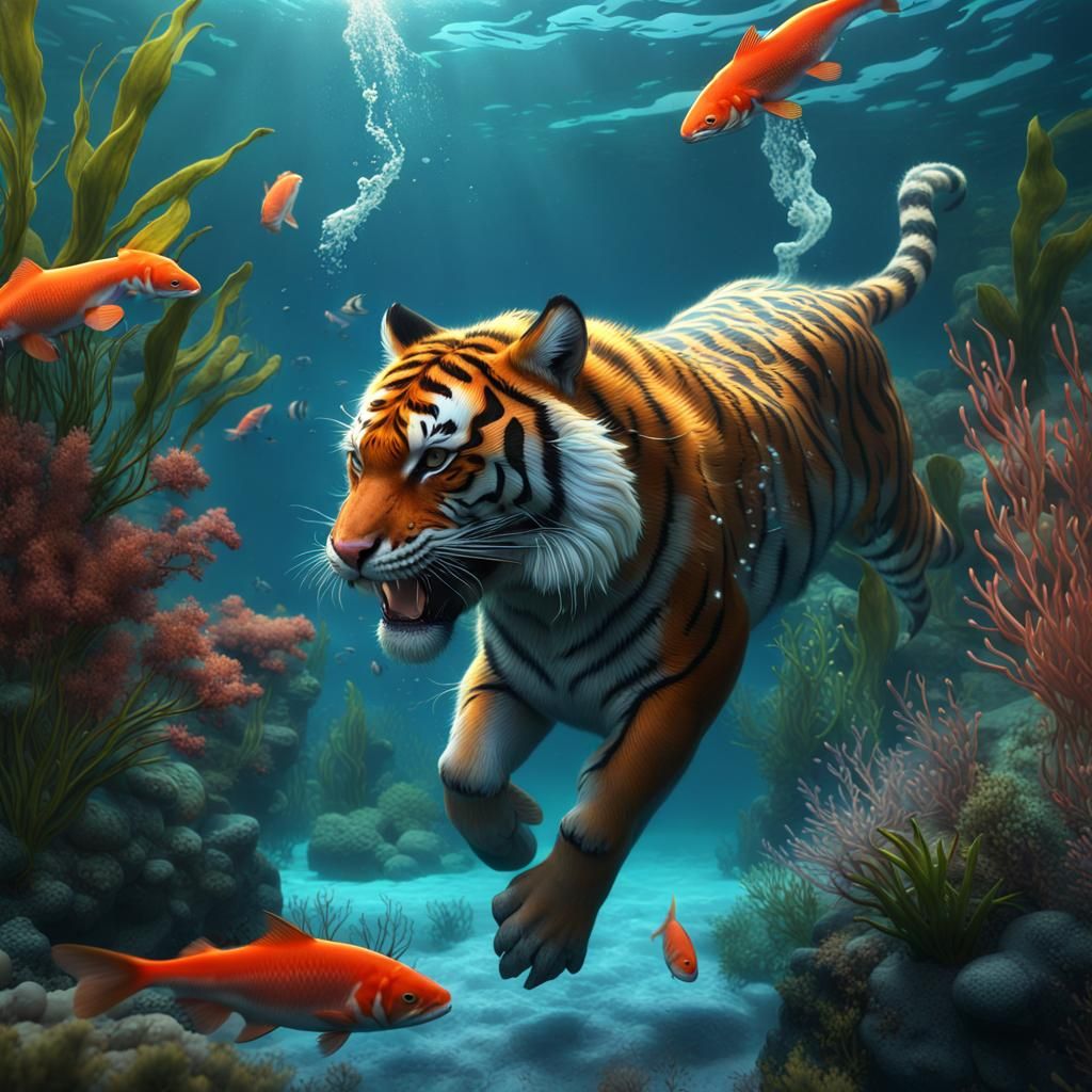 Underwater Tiger Catching Salmon in Detailed Digital Paintin...