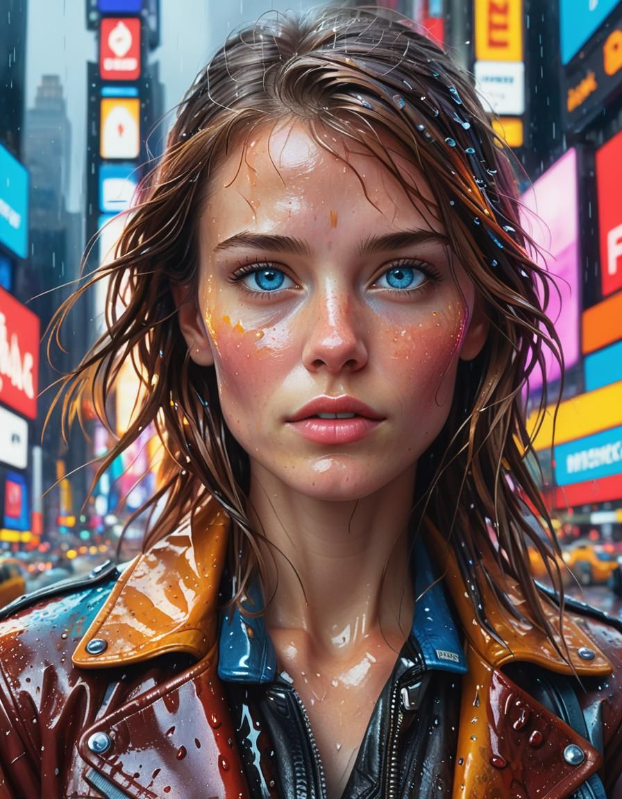 Glowing Woman Poses in Times Square: Hyperrealistic Oil Pain...