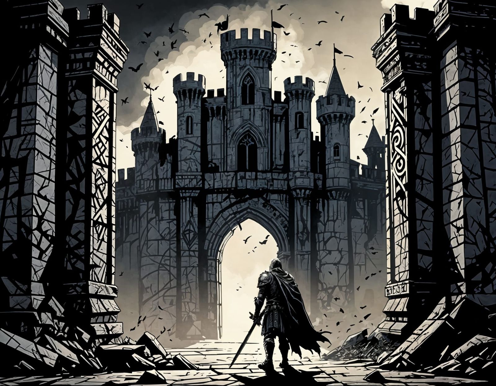 Knight Before Crumbling Castle Gate in Crosshatch Ink Style