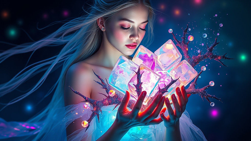 Woman with Ethereal Aura and Iridescent Gown Amidst Rainbow...