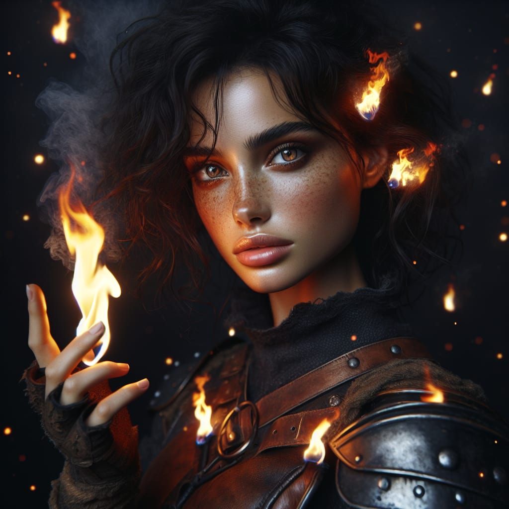 Fiery Woman in Battle Armor with Glowing Eyes