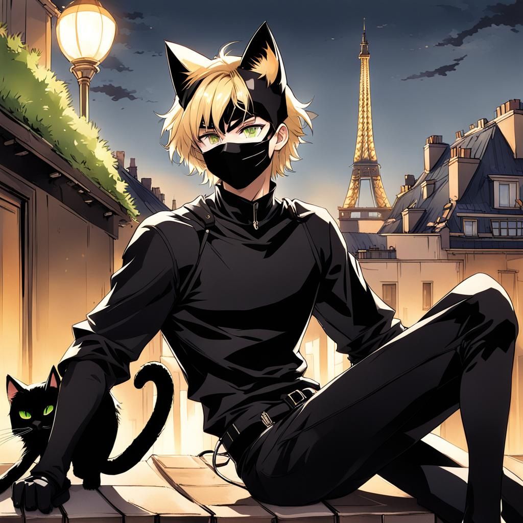 Anime Boy as Chat Noir on Paris Roof