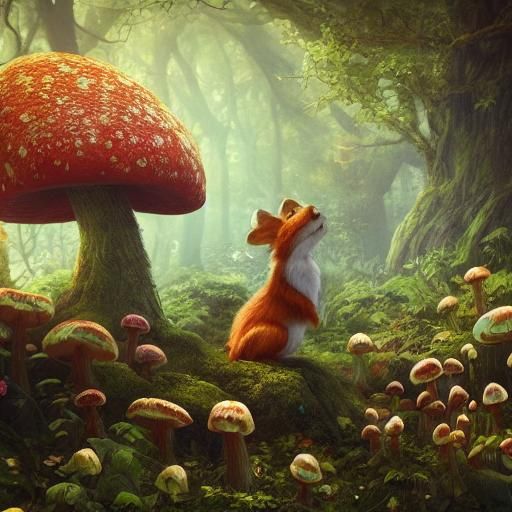Cute Animals Gathered Around Glowing Mushroom