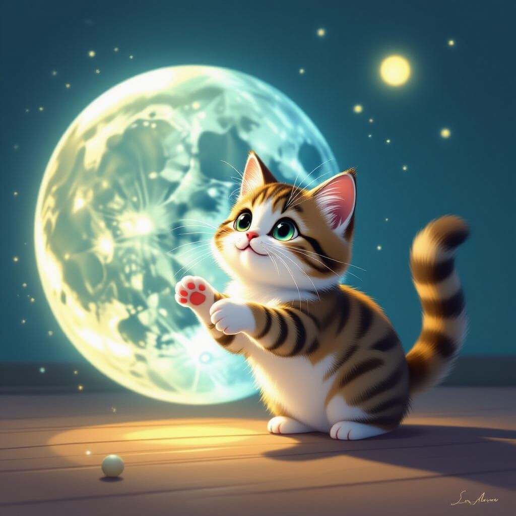 Curious Cat Plays With Holographic Moon Projection