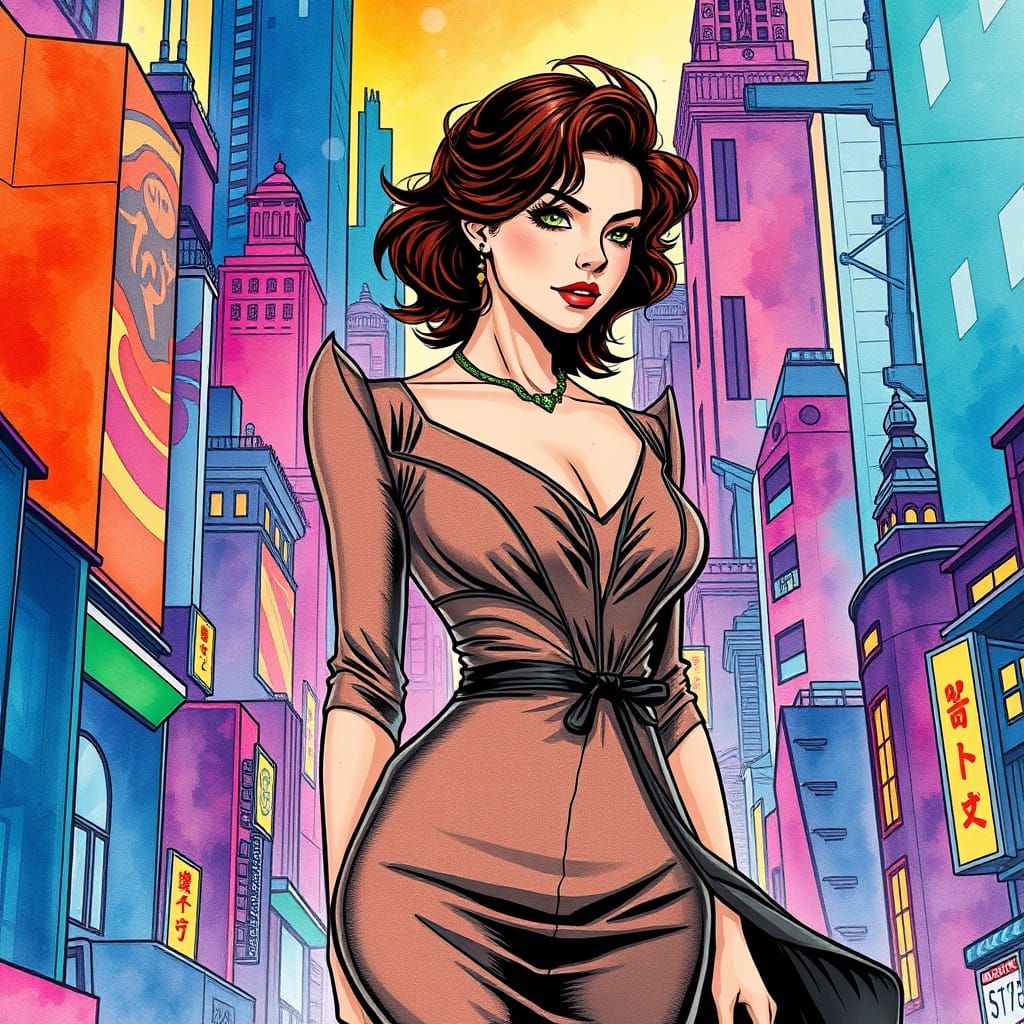 Sci-Fi Cityscape: Woman in Manga-Inspired Style