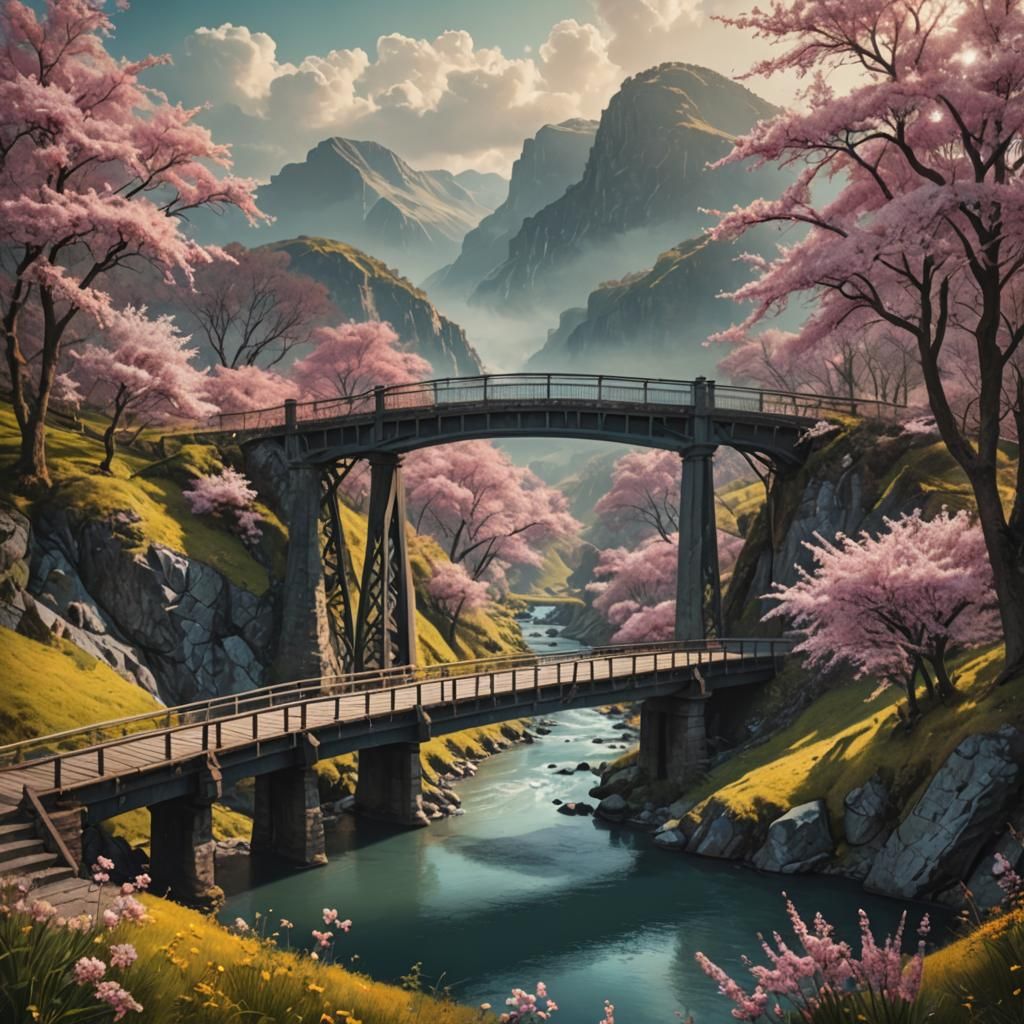 Cinematic Spring Landscape with Bridge