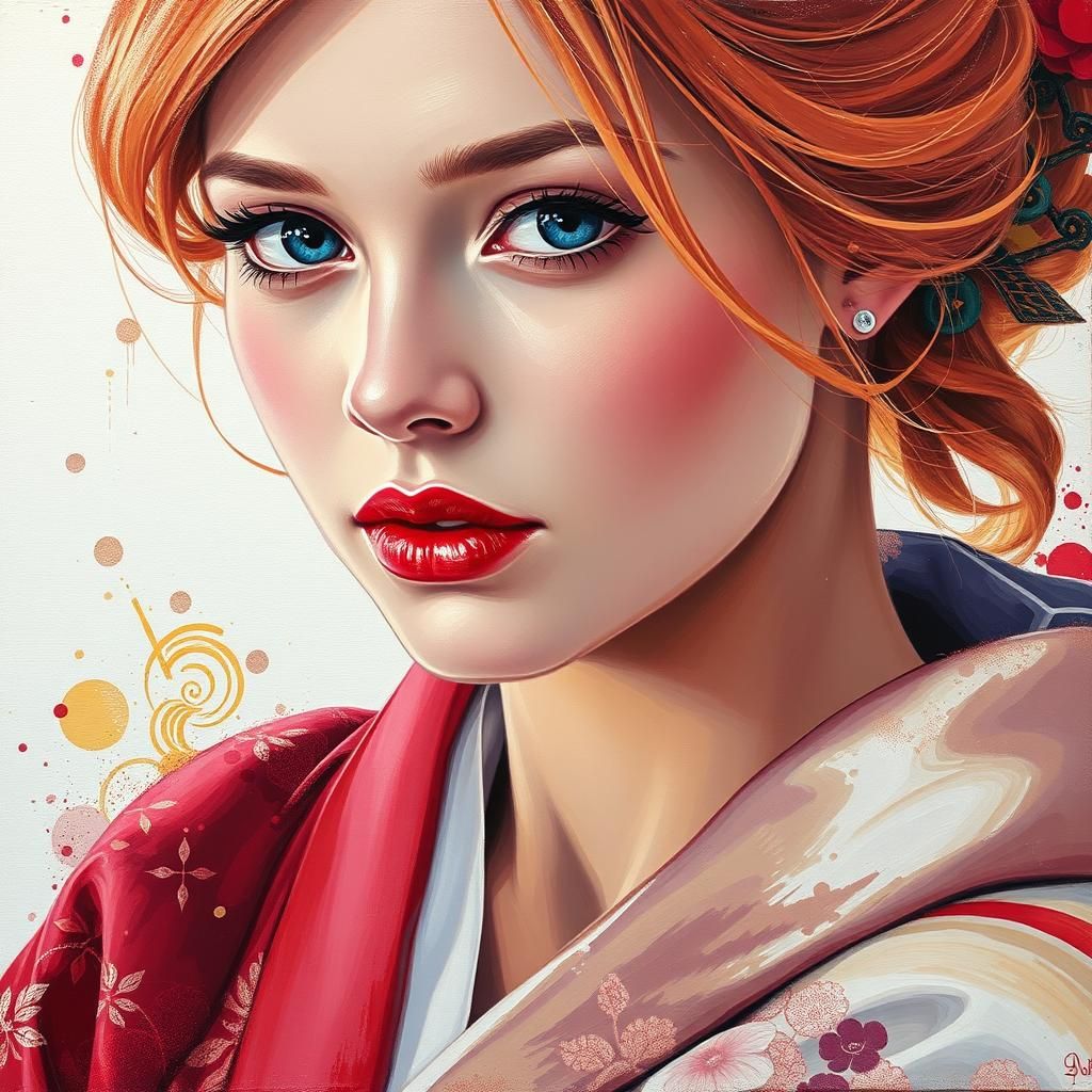 Beautiful woman with strawberry blonde hair and a Japanese kimono. Oil painting.