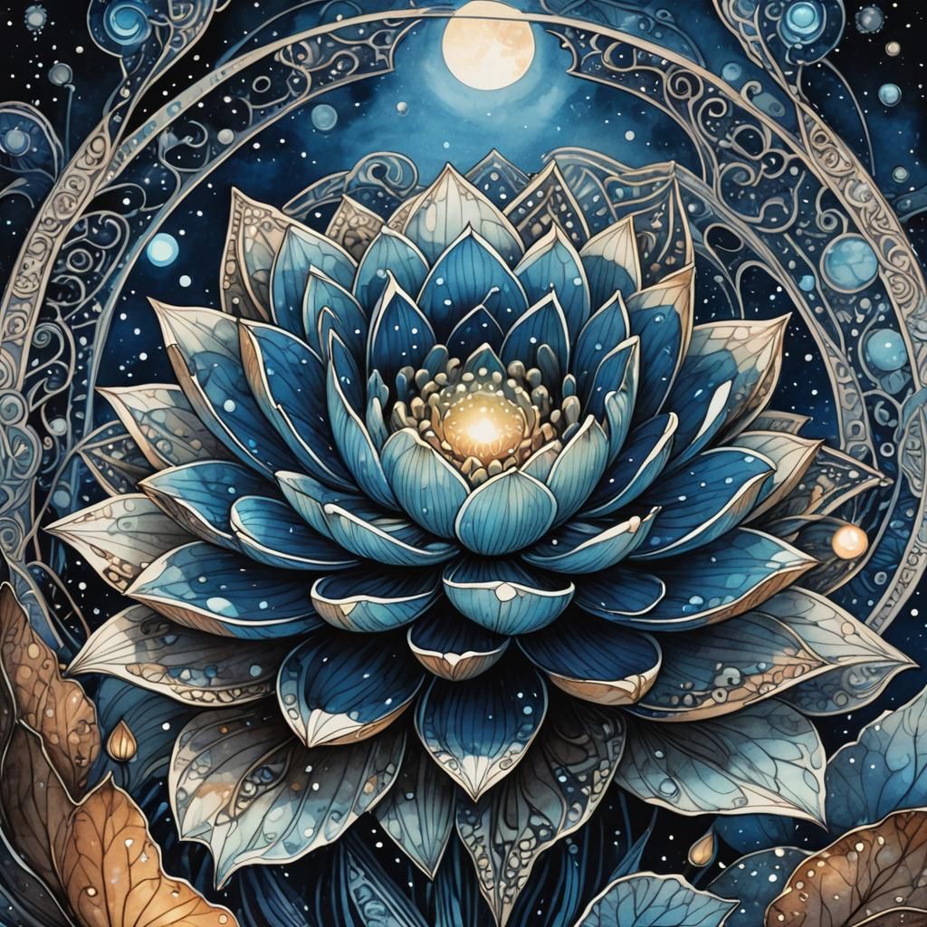 Glowing Tourmaline Lotus in Ink Wash Style